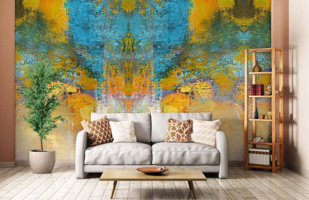 Decorate your living room with this golden and blue paint 