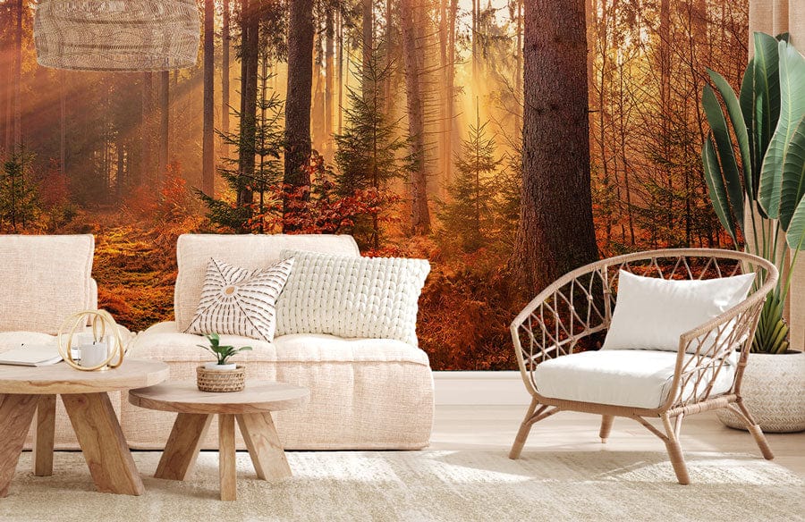 Sunlit Autumn Forest Mural Wallpaper in living room with beige sofa, wooden furniture, wicker chair, rug.