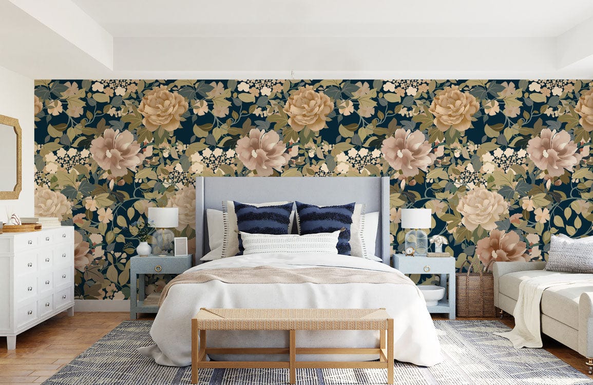 Vintage floral mural wallpaper adorns elegant bedroom with light wood flooring, blue accents, and chic decor.