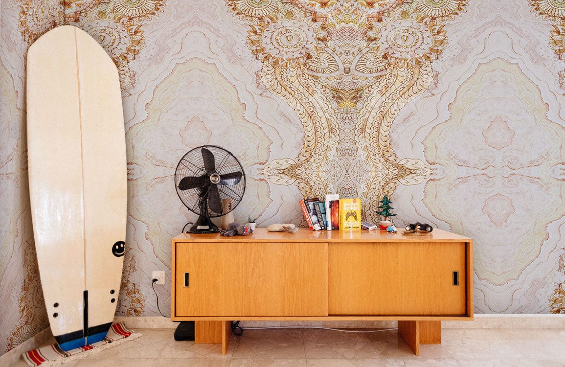 Elegant vintage beige mandala wallpaper, surfboard, wooden sideboard, fan, chic interior decor style.