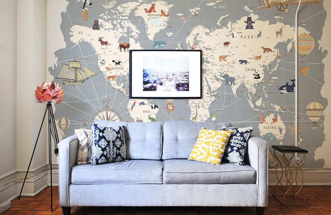 Gray Nautical Map Wallpaper Mural for living room decor