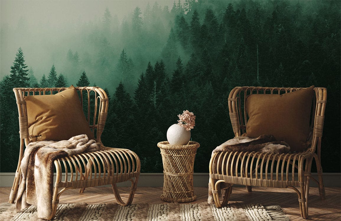 Emerald Mist mural wallpaper with rattan chairs, neutral cushion, wooden flooring, and serene decor.