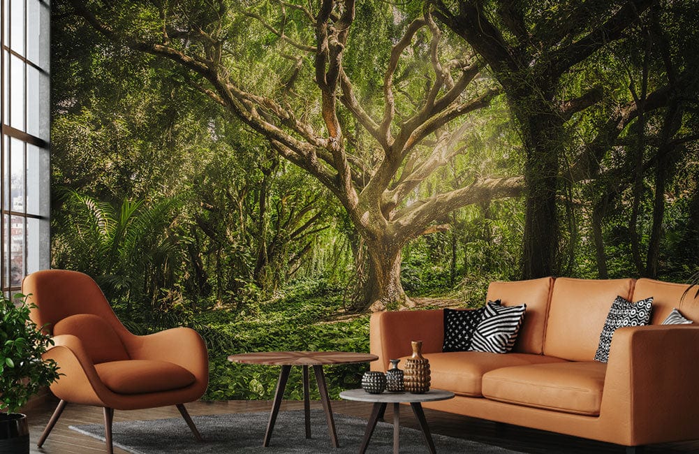 Enchanting forest green tree mural wallpaper complements orange sofa, modern chairs, and dark wood flooring.
