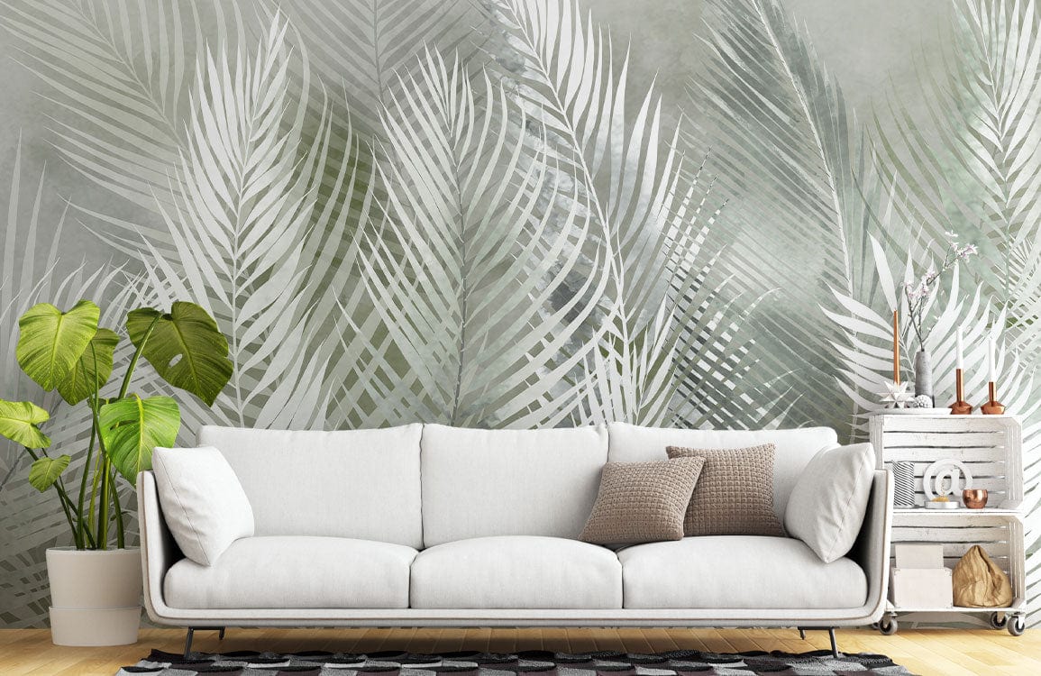 Tropical Misty Ferns Mural Wallpaper complements grey sofa, wooden flooring in stylish living room setting.