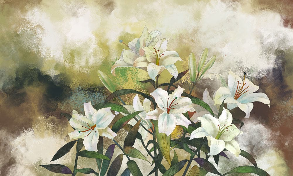 Elegant White Lily Floral Watercolour Mural Wallpaper with Earthy Tones Background