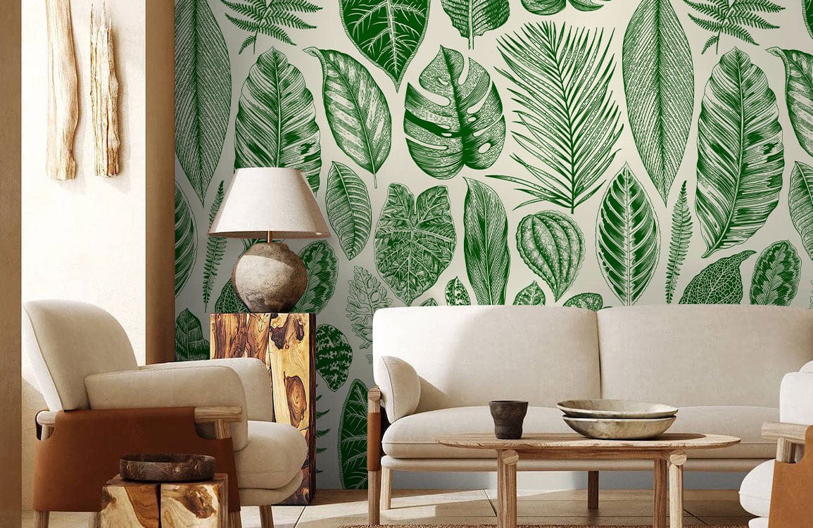 Tropical green leaf pattern wallpaper complements modern beige sofa in stylish living room decor setting.