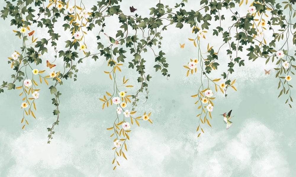 Vintage Green Floral Vines Mural Wallpaper with Butterflies and Birds Design