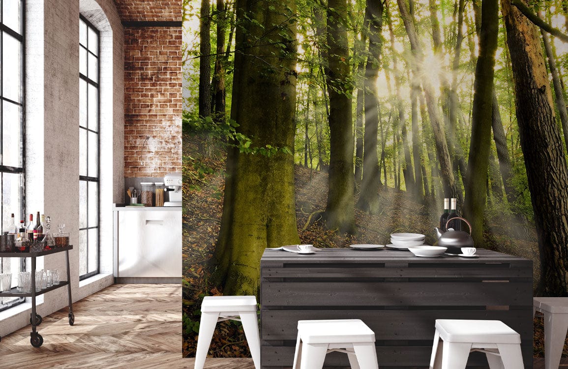 Kitchen with Serene Sunlit Forest Mural Wallpaper, industrial brick walls, and herringbone wooden flooring.