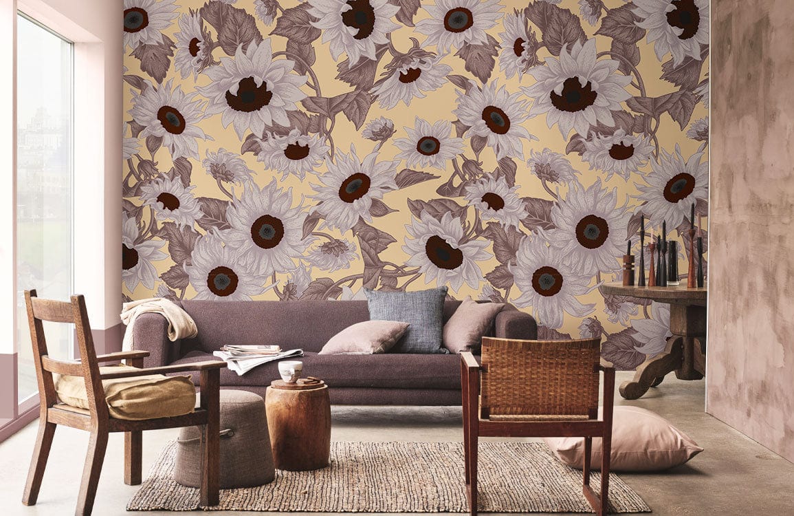 Vintage sunflower wallpaper in beige and brown, cosy living room with mid-century furniture, textured floor.