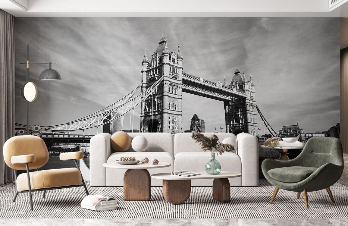 Black and White Tower Bridge mural wallpaper in elegant living room with modern sofa and armchairs.