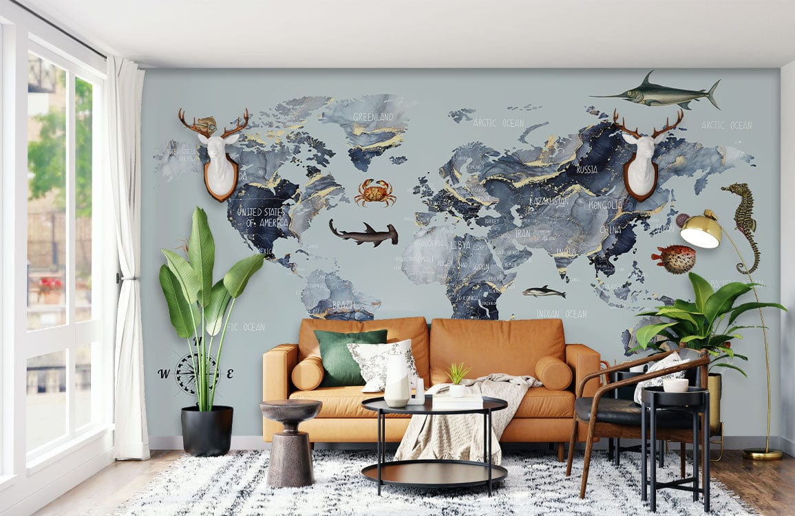 Nautical wall map mural, ocean animals, blue-grey; tan sofa, modern living room, patterned rug.
