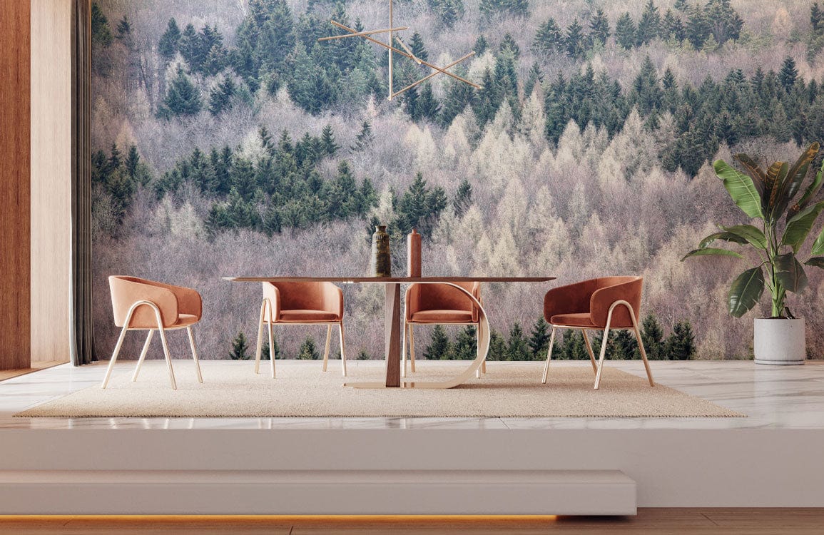 Tranquil Misty Forest mural, serene green hues, modern dining chairs, white flooring, elegant dining room.