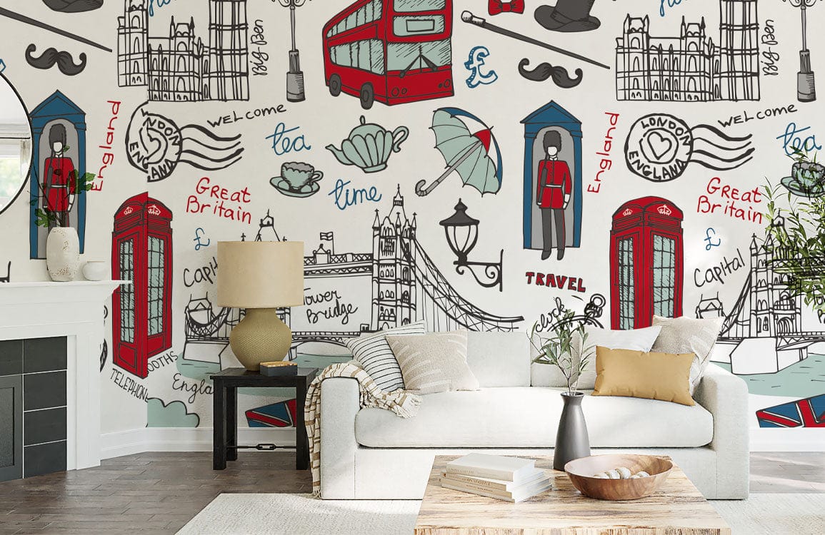 Charming London Iconic Motifs Wallpaper: Red, Blue, and Grey; cosy white sofa, rustic table, living room.