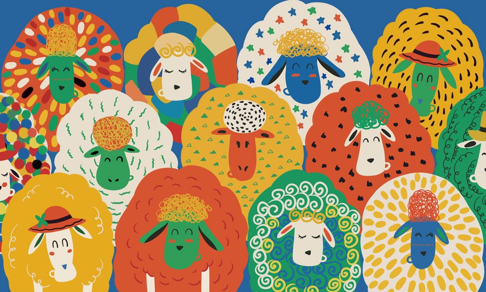 Colourful Whimsical Sheep Pattern Wallpaper for Kids' Rooms and Nurseries