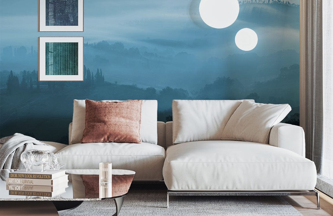 Misty Blue Landscape Mural Wallpaper with white sofa, glass coffee table, and modern wall decor.