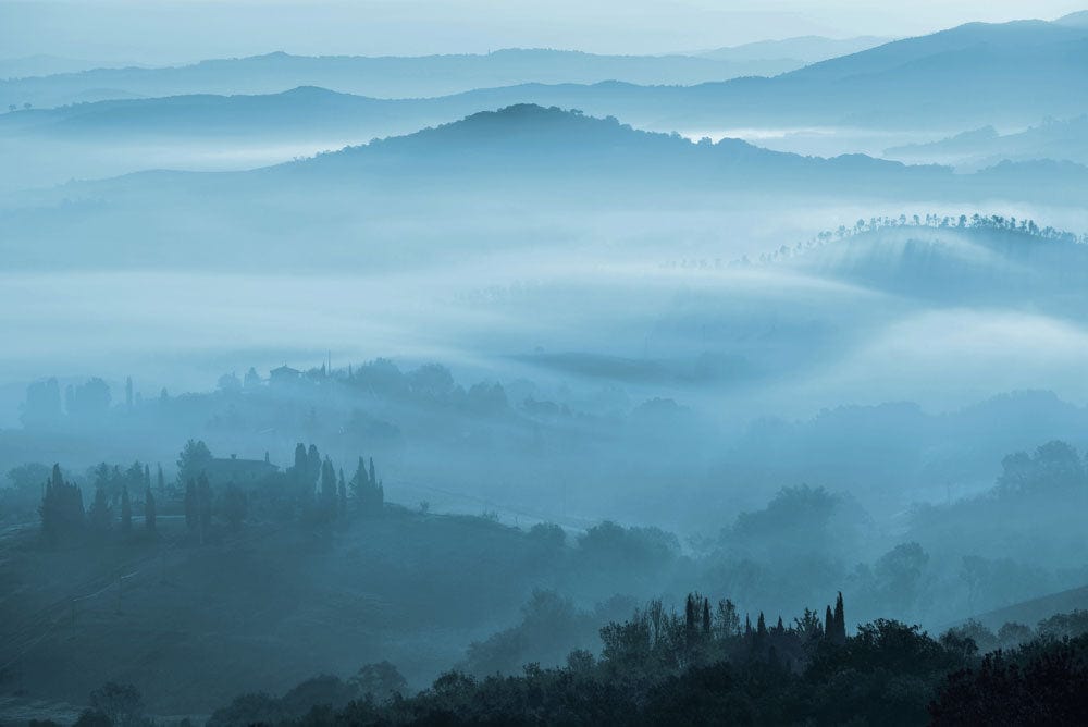 Misty Blue Landscape Mural Wallpaper for Serene Living Spaces Decor