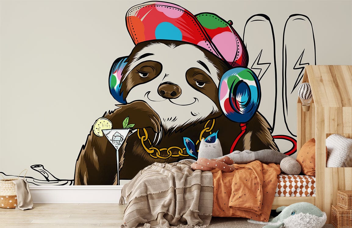 Vibrant sloth mural wallpaper with colourful headphones in children's room, light wood flooring, playful decor.