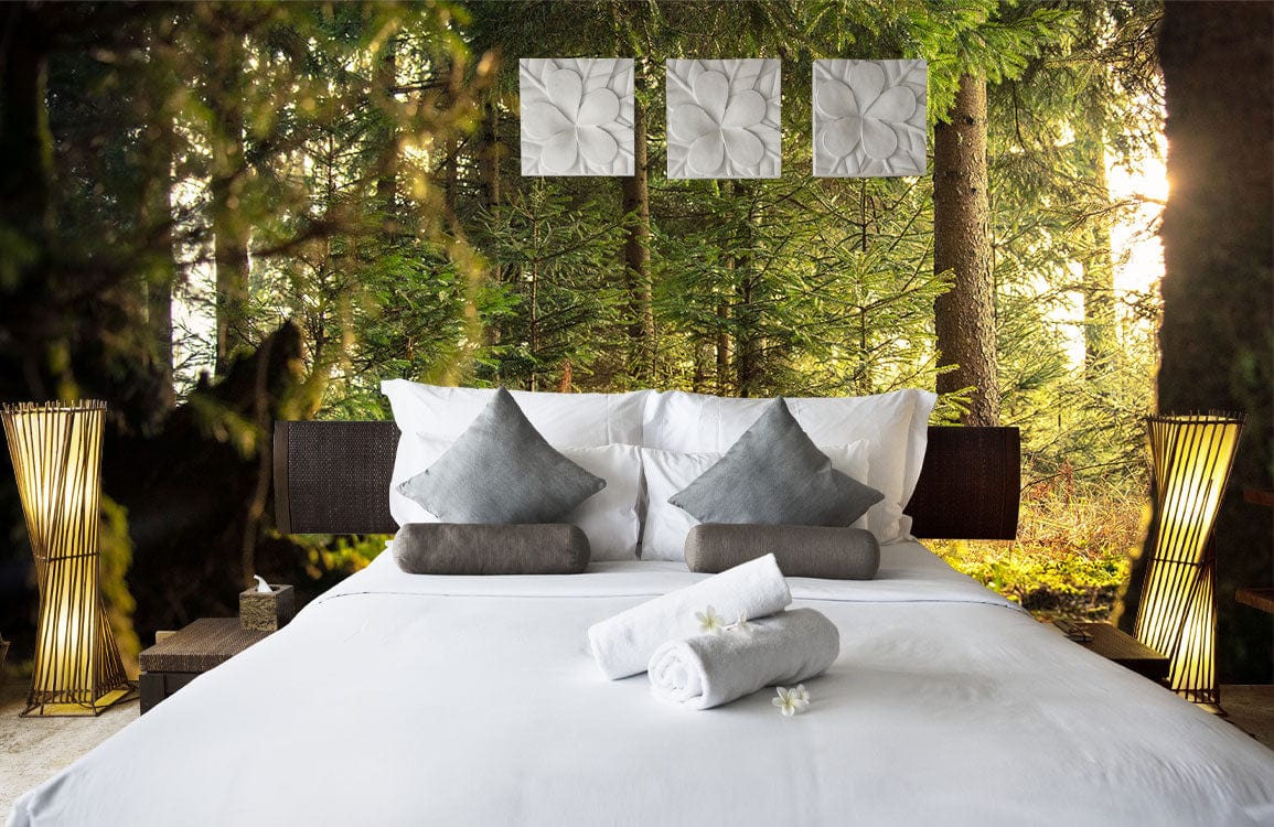 Tranquil Forest Green Nature Mural Wallpaper in serene bedroom with white bedding, grey cushions, warm lighting.