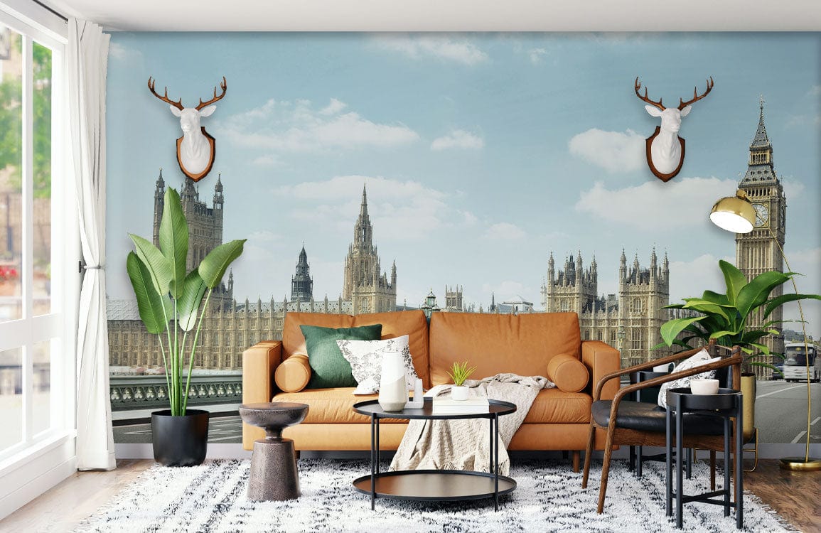 Iconic London mural featuring Big Ben; brown sofa, white rug, modern living room decor with plants.