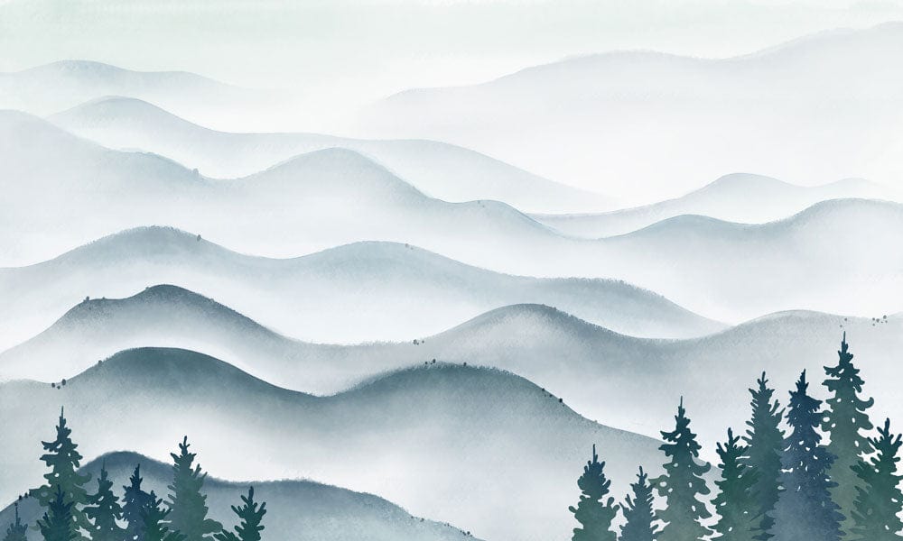 Serene Misty Mountains Watercolour Scenic Wallpaper in Calming Blue Hues