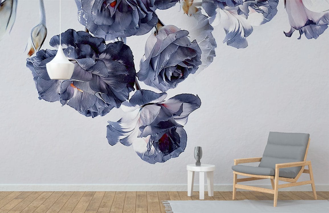 Elegant Midnight Floral Mural Wallpaper in living room; dark blooms, wooden flooring, grey chair.