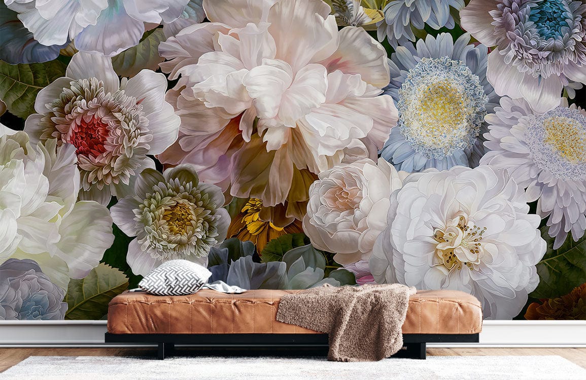 Elegant Pastel Bloom Floral Mural Wallpaper behind brown sofa in vintage-style room with neutral rug.