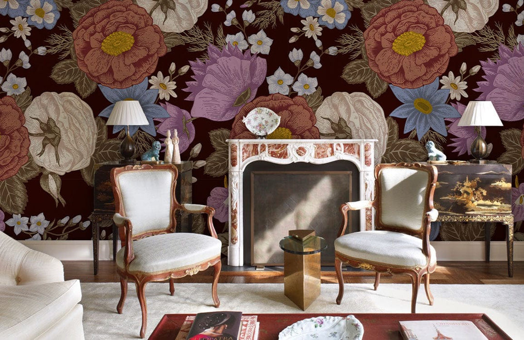 Vintage Floral Delight wallpaper in elegant room with classic chairs, ornate fireplace, and hardwood flooring.