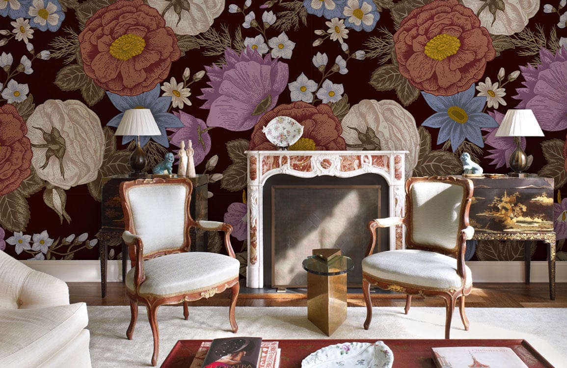 Vintage Floral Delight wallpaper in elegant room with classic chairs, ornate fireplace, and hardwood flooring.