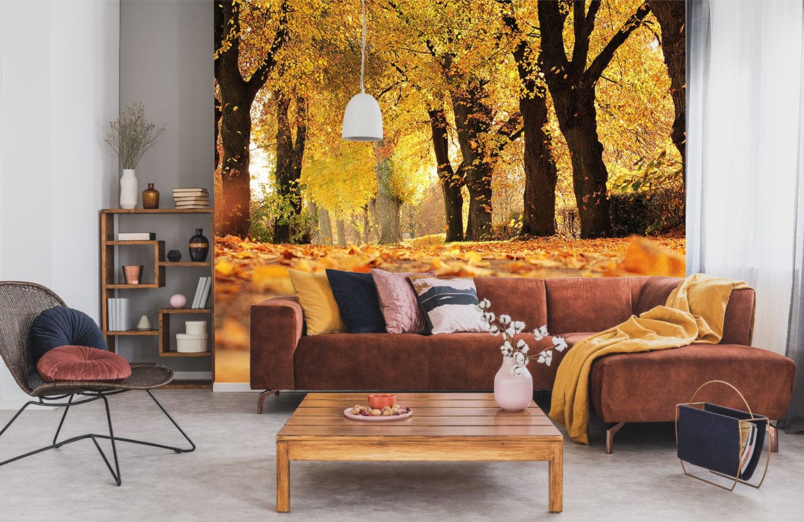 Golden autumn mural, brown sofa, light grey walls, wooden table, pendant lamp, contemporary living room.