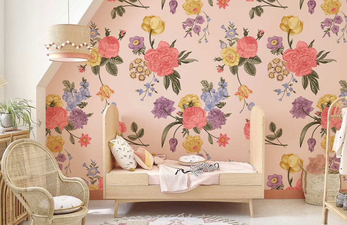 Vintage floral wallpaper in child's room with wicker chair, pink walls, pastel Décor, wooden floor.