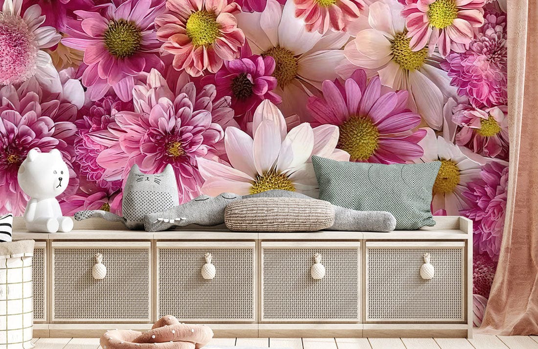 Pink Flowers Mural Wallpaper for Room | Pink Floral Wall Mural UK