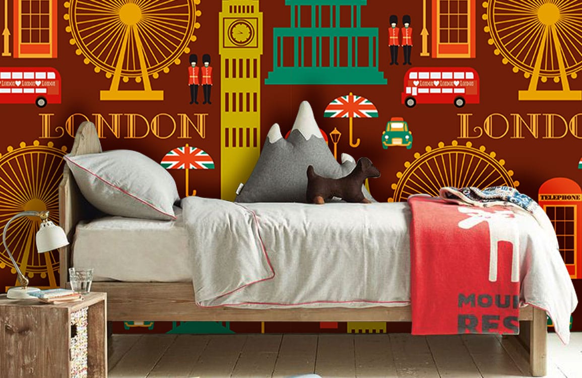 Vintage London landmarks wallpaper, earthy tones; child's room with wooden bed, grey bedding, colourful decor.