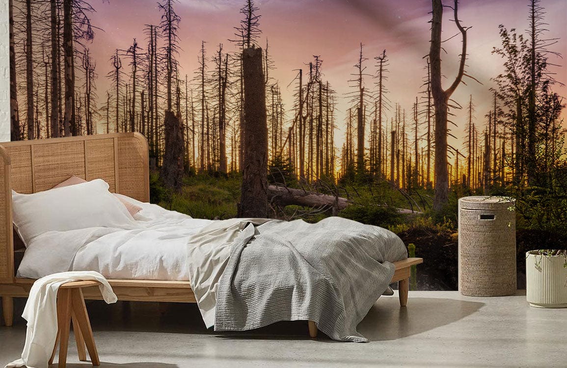 Mystical Galaxy Forest Sunset Mural Wallpaper with wooden bed, cosy bedding in modern bedroom.