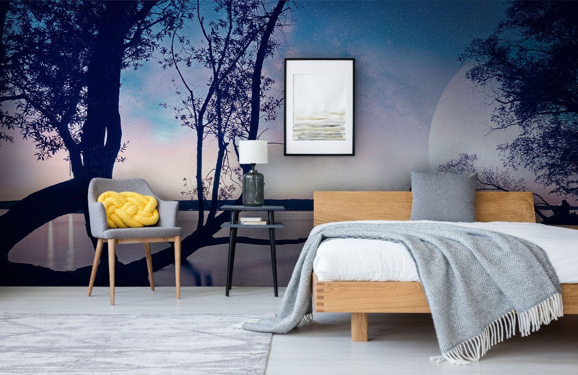Tranquil Twilight Lagoon Mural Wallpaper in bedroom with grey armchair, wooden bed, cosy decor.