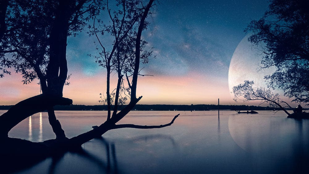 Tranquil Twilight Lagoon Mural Wallpaper - Blue Tones, Celestial Serenity