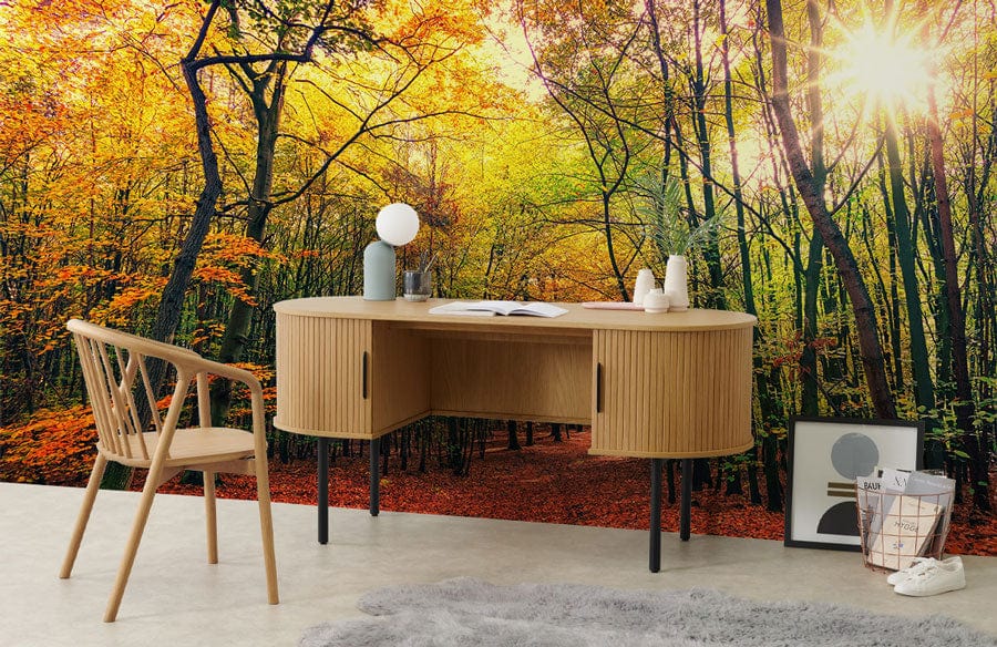Enchanting Autumn Forest Path Mural Wallpaper in office with wooden desk, chair, and grey rug.