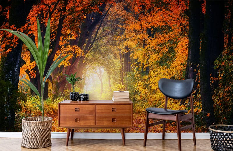 Autumn Forest Path Mural Wallpaper with mid-century furniture in warm room setting, featuring herringbone flooring.