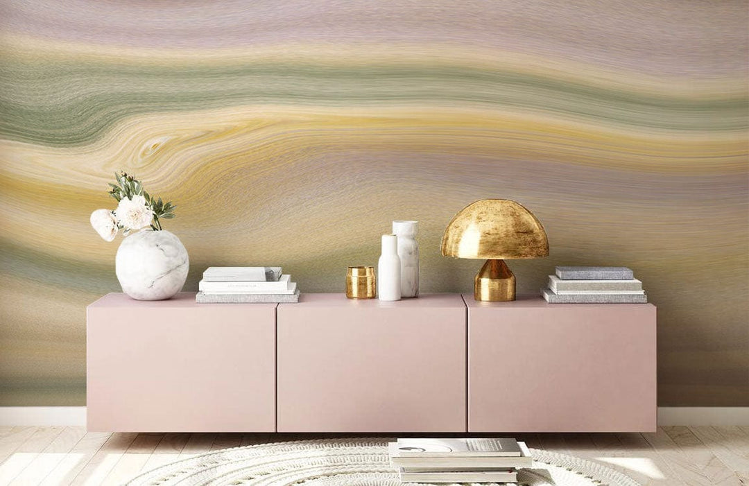 Elegant Pastel Waves wallpaper with pink console, golden lamp, and modern living room Décor.