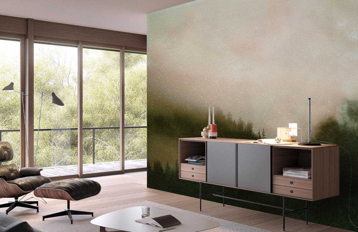 Wallpaper Mural for Family Room Decorating, Mist Falling over Forest.