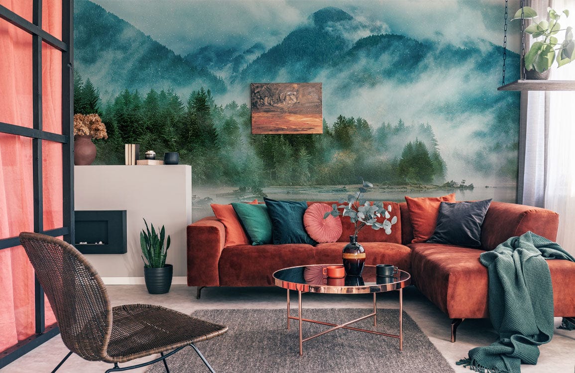 Serene Misty Mountain mural wallpaper in living room, featuring rust sofa, grey flooring, and modern decor.