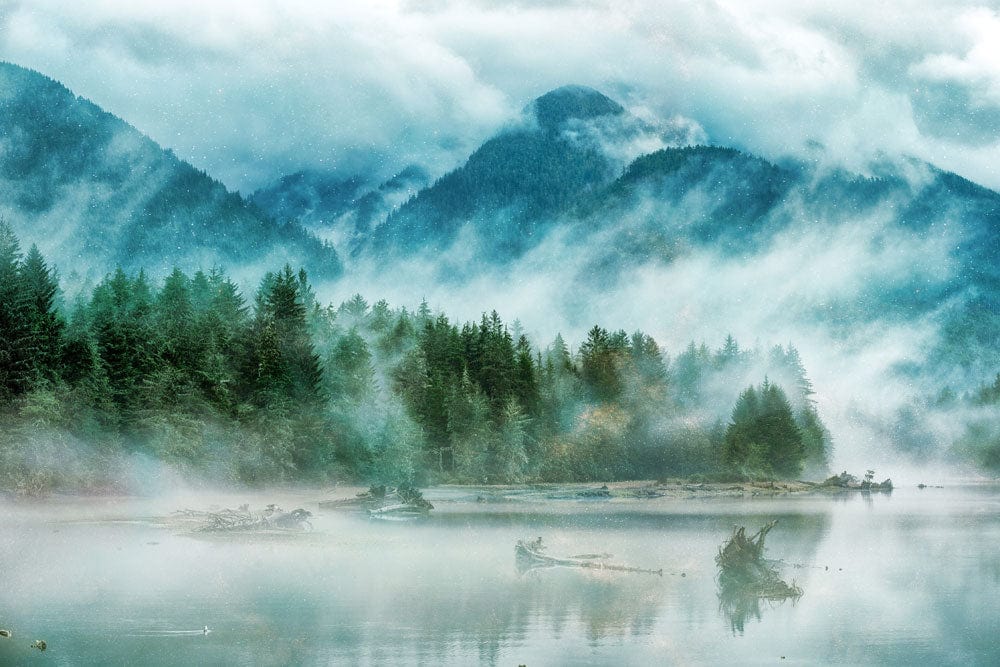 Serene Misty Mountain Scenic Landscape Mural Wallpaper in Tranquil Blue Green.