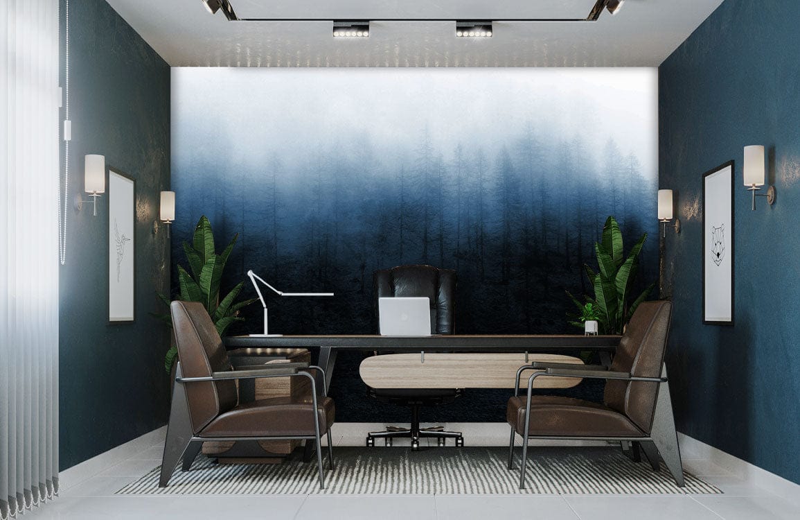 Misty Forest Scene Mural in office with brown chairs, striped rug, and dark blue walls.