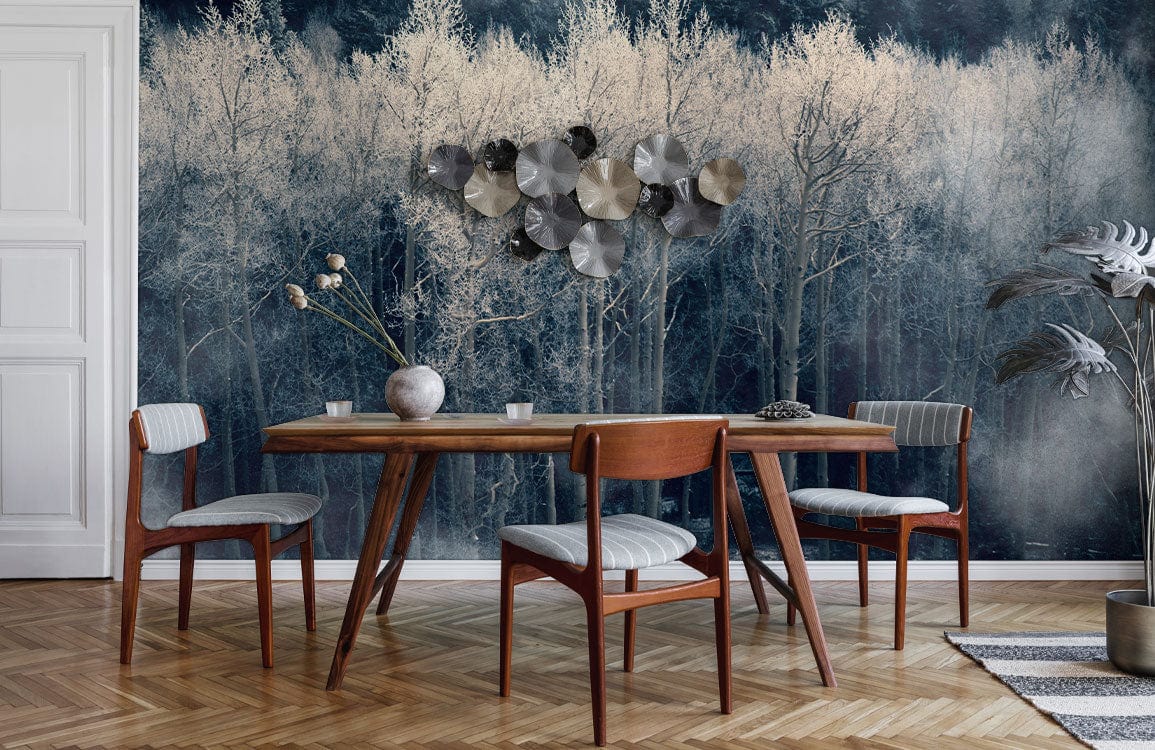 Dining room with Enchanted Misty Forest Mural Wallpaper, mid-century furniture, parquet flooring, grey accents.