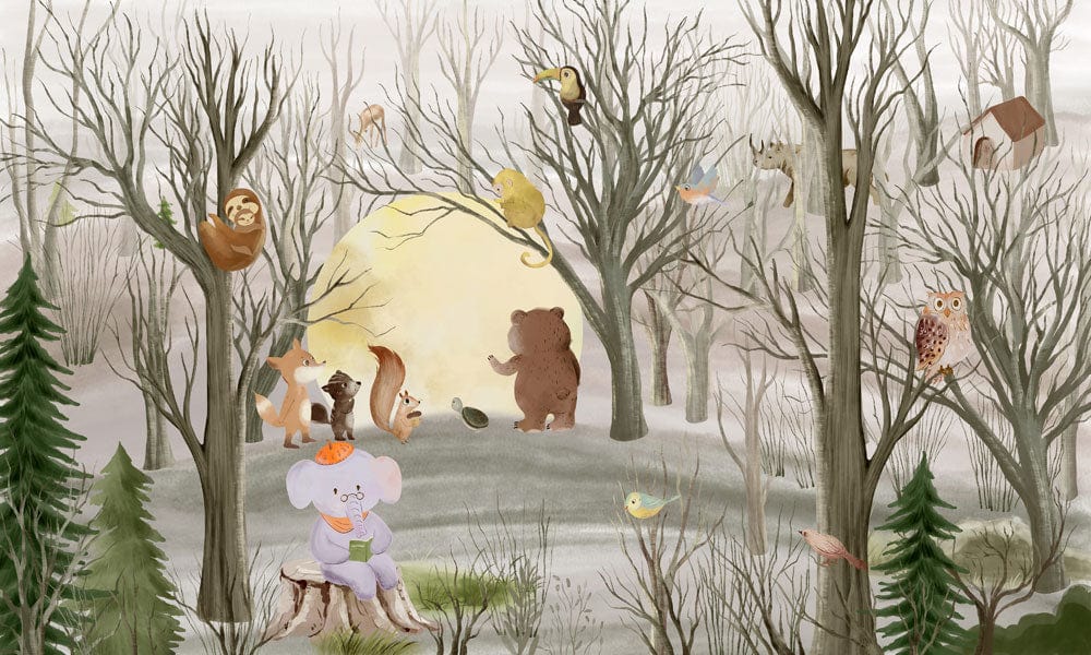 Whimsical Woodland Animal Print Mural Wallpaper - Pastel Forest Scene Design