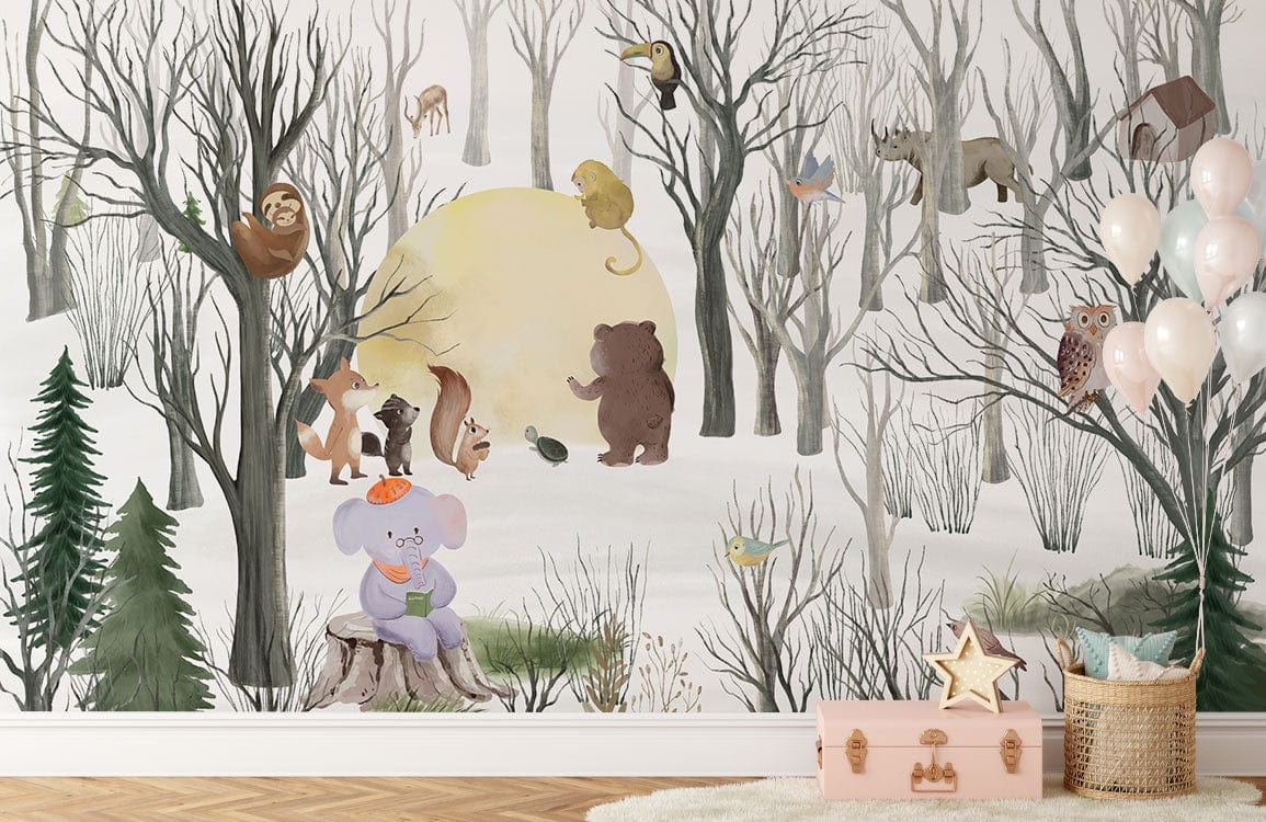 Enchanted Woodland mural wallpaper in pastel; features playful animals; complements light wood flooring in nursery.