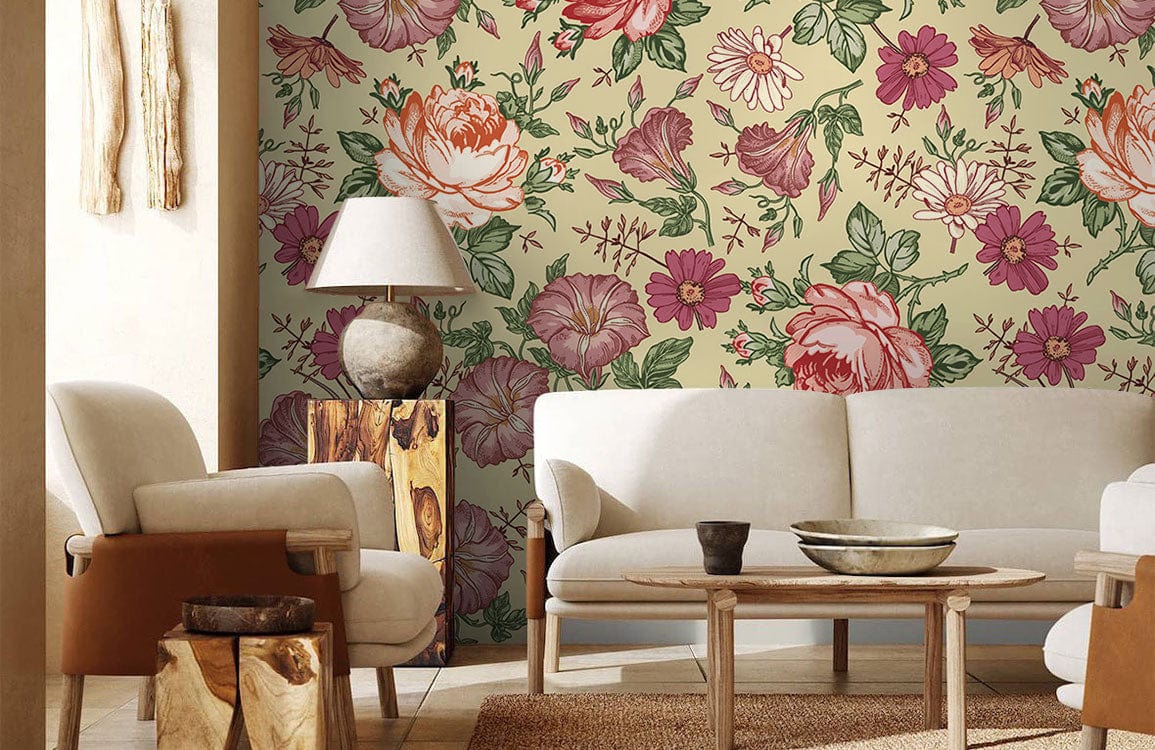 Vintage floral wallpaper with pastel roses, beige sofa, wooden flooring, and stylish table lamp.