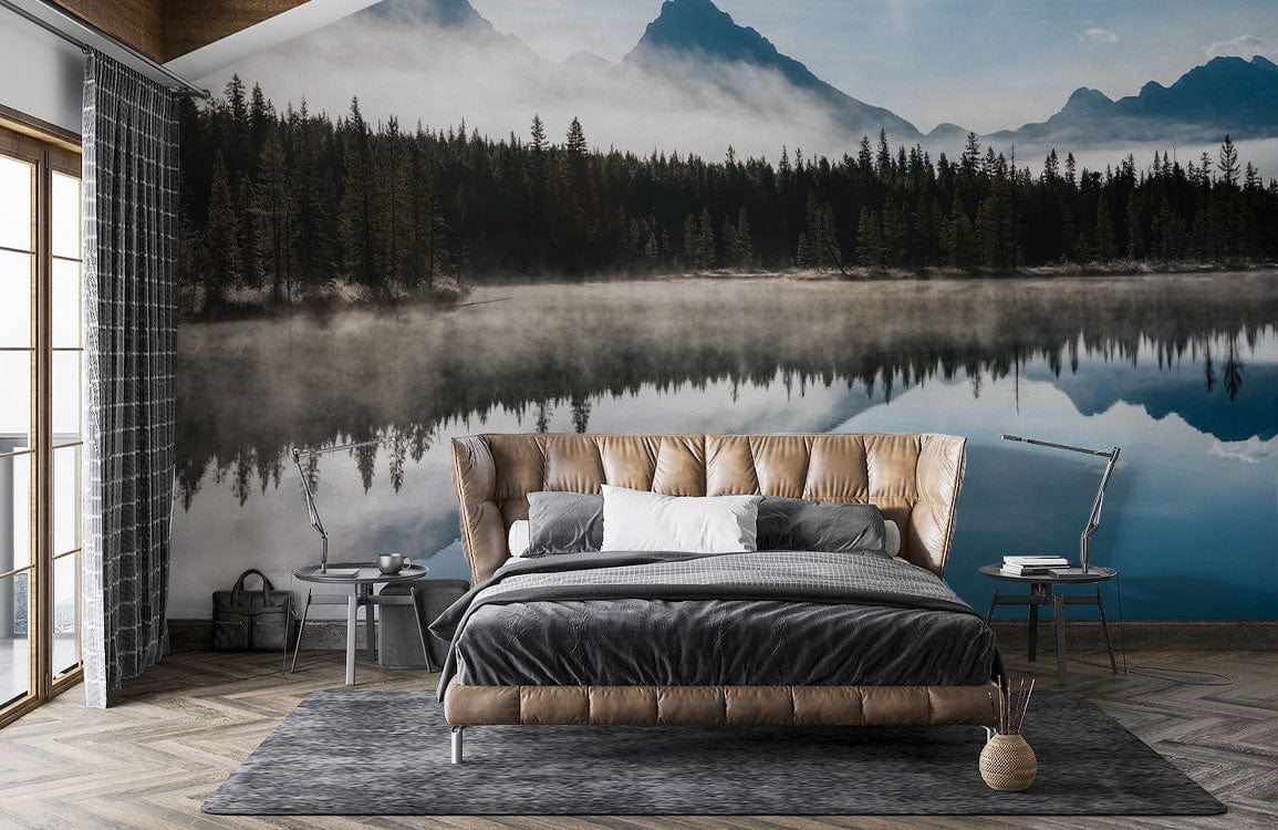 Bedroom with Tranquil Mountain Lake Mural Wallpaper, brown leather bed, grey rug, wooden flooring.