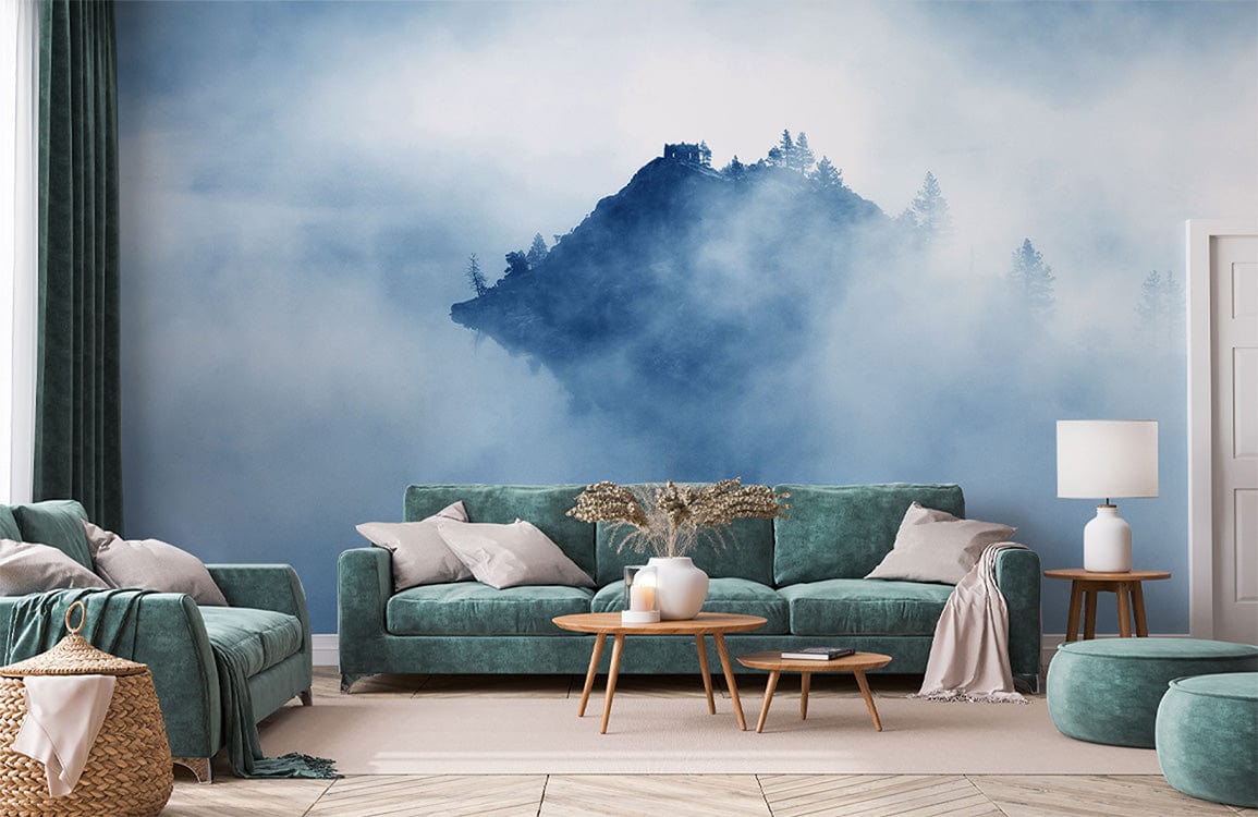 Misty Blue Mountain Landscape Wallpaper with blue sofa, wooden coffee tables, and decorative vase in living room.
