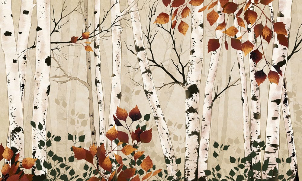 Autumn Birch Tree Forest Wall Mural: Warm Earth Tones Nature Design