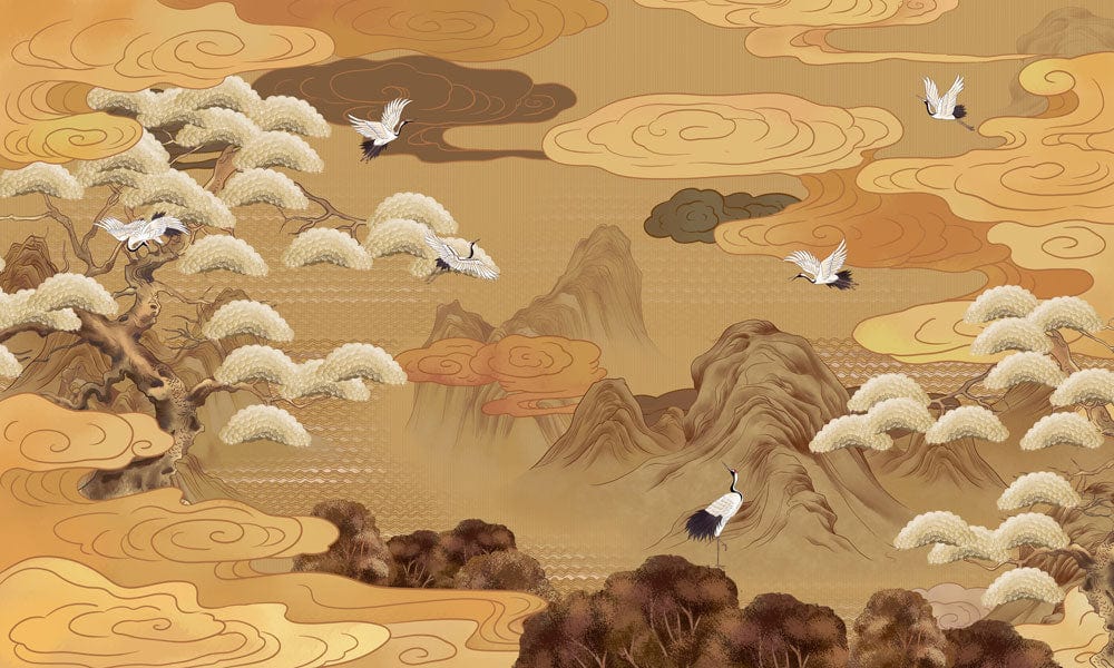 Elegant Oriental Crane and Cloudscape Mural Wallpaper, Vintage Gold-Hued Design